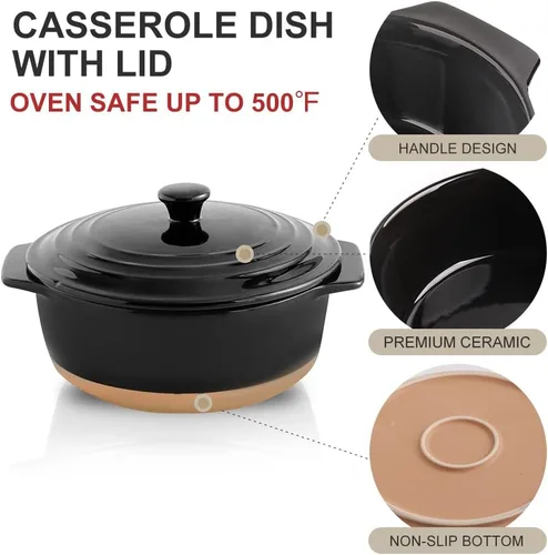 Miniatura 6 de HVH Cacerola de cerámica con tapa, apta para horno, juego de cacerola redonda de 2 cuartos de galón, platos para hornear profundos para horno