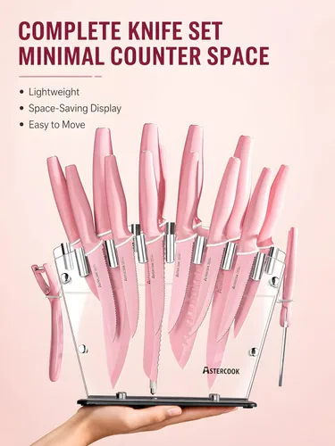 Miniatura 5 de Astercook Juego de cuchillos con bloque y afilador, juego de cuchillos de cocina de 22 piezas, apto para lavavajillas, bloque de cuchillos Rosa
