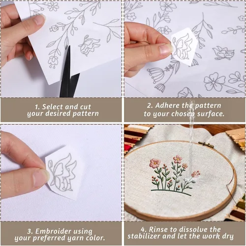 Miniatura 6 de 4 hojas de patrones de bordado estabilizador soluble en agua, bordado de puntada de palo, papel floral, diseños de margaritas, estabilizador