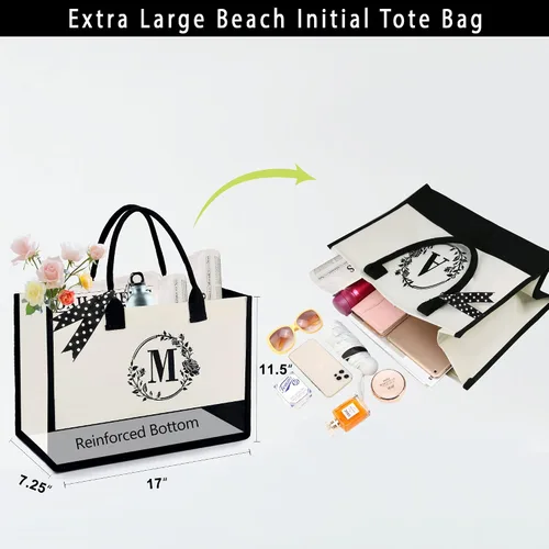 Miniatura 2 de BeeGreen Bolsa de lona con inicial con bolsa de maquillaje, bolsa de playa, regalo de dama de honor para despedida de soltera, regalos de cumpleaños