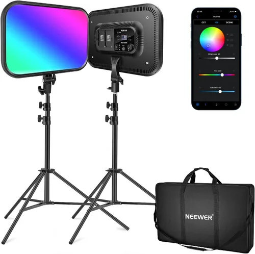 NEEWER RGB168 Panel de Luz LED RGB de Video de 18.3" con Control de Aplicación, Kit de Soporte de Trípode de 2 Paquetes, 60W/360° Color