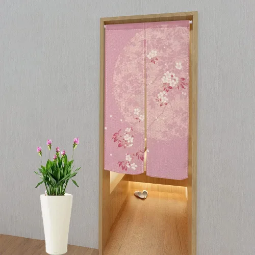Miniatura 3 de Leowefowa Noren - Cortina de puerta de estilo japonés, estampado de flores rosadas, luna, cortina de puerta, tratamiento de ventana, tapiz