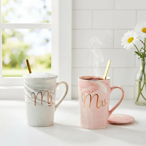 Miniatura 9 de Yesland Tazas de Café Mr and Mrs de 13.5 Oz, Regalos de Boda para Pareja/Novia y Novio, Tazas de Cerámica con Mármol para Despedida de Soltera
