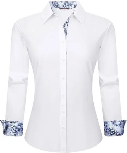 Miniatura 22 de WARHORSEE Blusas de vestir de manga larga con botones de algodón para mujer, blusas de trabajo elegantes de fácil cuidado, blusas casuales