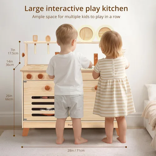 Miniatura 3 de PairPear Cocina de Juego para Niños, Cocina de Juego Grande de Madera Natural para Niños con Accesorios de Simulación con Manualidades DIY
