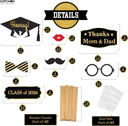 Miniatura 4 de KatchOn, Accesorios para cabina de fotos de graduación – Paquete de 40 Accesorios de fotos de graduación negro y dorado, decoraciones