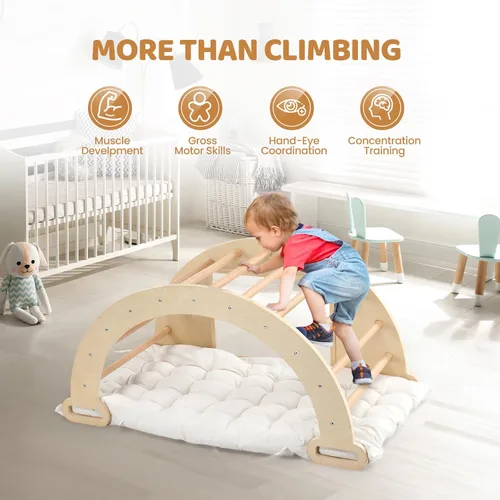 Miniatura 4 de JOYMOR Arco de escalador triangular Pikler 5 en 1 con cojín, mesa sensorial para niños, juguetes de escalada en madera montessori para niños