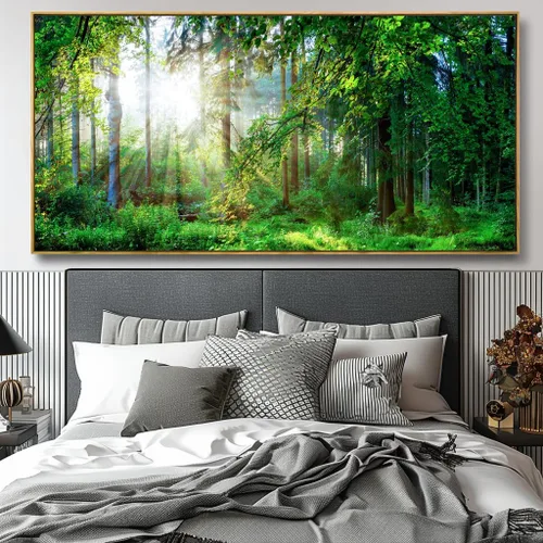 Miniatura 4 de Lienzo decorativo para pared de sala de estar, paisaje de bosque verde, sol sobre bosque, fotografía impresa en lienzo para decoración de pared
