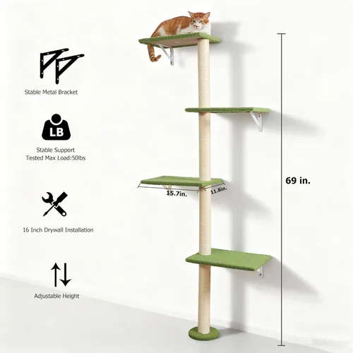 Miniatura 4 de Postes altos de rascado para gatos, árbol de gatos de 4 niveles, torre para gatitos montada en la pared, pared de escalada con alfombra para gatos