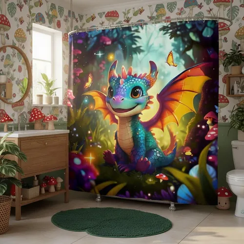 Miniatura 32 de Castle Fairy Cortinas de ducha impermeables 3D de sirena de ensueño, tela de paisaje, cortina de ducha de baño, diseño de mar, miau, pájaros