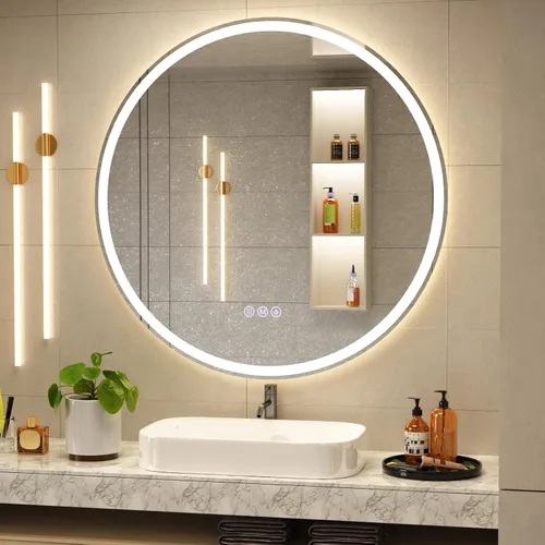 Miniatura 16 de BEAUTYPEAK Espejo de baño con arco LED de 34 x 30 pulgadas con luces, antiniebla, regulable, retroiluminado + iluminado frontal, espejo de tocador