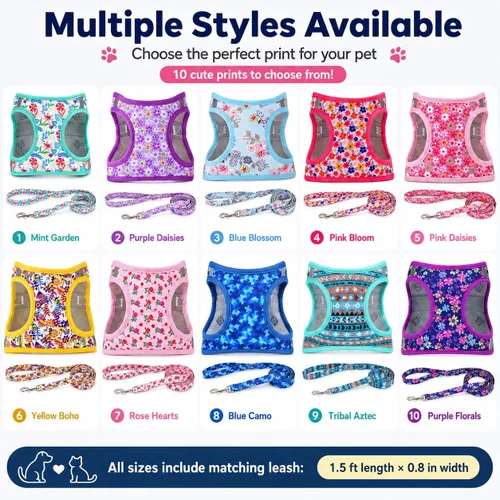 Miniatura 6 de Arnés para perro con correa, arnés reflectante para todo clima, sin tirones, con patrón floral, acolchado, malla para gatos, cachorros, perros
