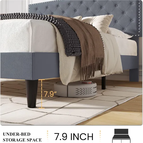 Miniatura 6 de SHA CERLIN Marco de cama de terciopelo tamaño King con cabecera ajustable, acolchado con botones de diamante y decoración de remaches, no necesita