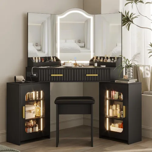 Miniatura 12 de Escritorio esquinero con espejo de 3 vías y luces LED, juego de mesa de maquillaje con estación de carga, cajones de almacenamiento y armarios