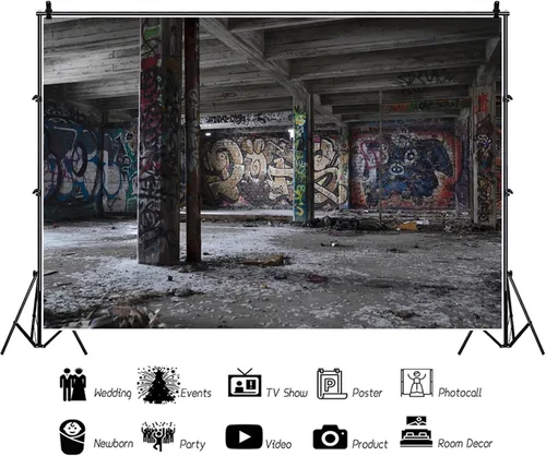 Miniatura 3 de YongFoto Telón de fondo de construcción abandonado de 5 x 3 pies, habitación subterránea desgastada, interior vacío, retro, graffiti, fotografía