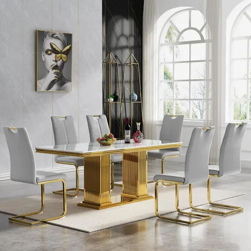 Miniatura 23 de Juego de mesa de comedor de 5 piezas, moderno juego de mesa de comedor para 4, 70 pulgadas, juego de mesa de comedor de mármol sintético blanco