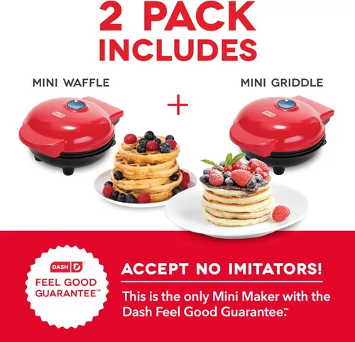 Miniatura 6 de DASH Mini Máquina para Hacer Waffles + Plancha, Paquete de 2 Máquina para Waffles + Plancha - Rojo