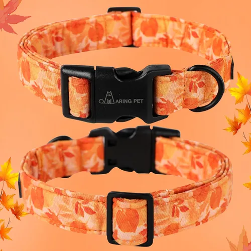 Miniatura 2 de Aring Pet Collar de algodón, ligero y ajustable, con hebilla de liberación rápida, para perros pequeños, medianos y grandes, otoño, naranja, hojas