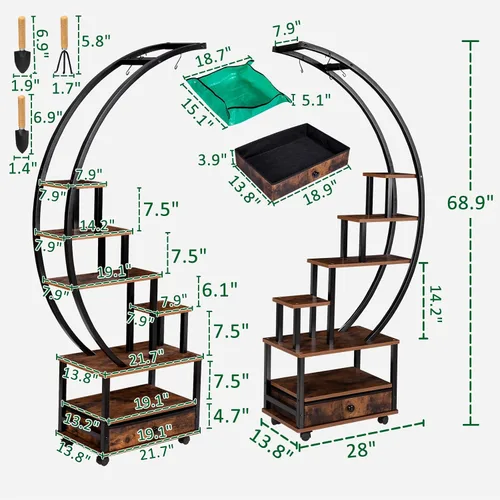 Miniatura 3 de 2 soportes para plantas de interior de media luna de 71 pulgadas de alto con ruedas bloqueables, estante para plantas de 14 niveles con cajón