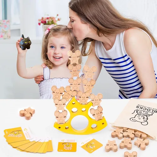 Miniatura 5 de HAPGFS Ratones de queso de madera apilables, juego de equilibrio para niños de todas las edades, mejora la creatividad, coordinación de ojos