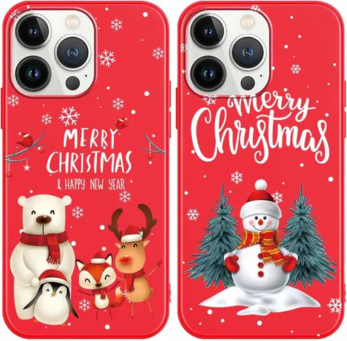 Miniatura 17 de Paquete de 2 bonitas fundas de Navidad para iPhone de 13/14 pulgadas, diseño de muñeco de nieve rojo, diseño de animales de Feliz Navidad, silicona