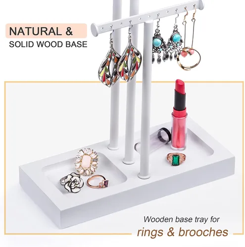 Miniatura 5 de Love-KANKEI Soporte para árbol de joyería, base de metal blanco y madera, organizador de joyas grande para collares, pulseras, aretes, organizador