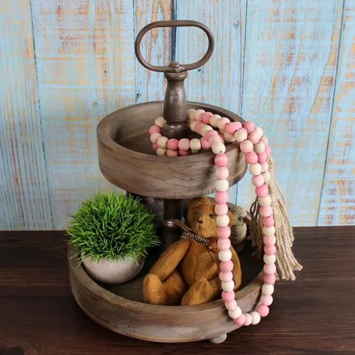 Miniatura 3 de CVHOMEDECO. Guirnalda de cuentas de madera con borlas de madera rústica para decoración de festivales en el hogar. Mezcla rosa envejecida