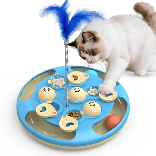 Comedero de rompecabezas 3 en 1 para gatos, juguete interactivo de nivel 3 con bolas de pista, teaser de plumas e inserto de alimentador lento, base