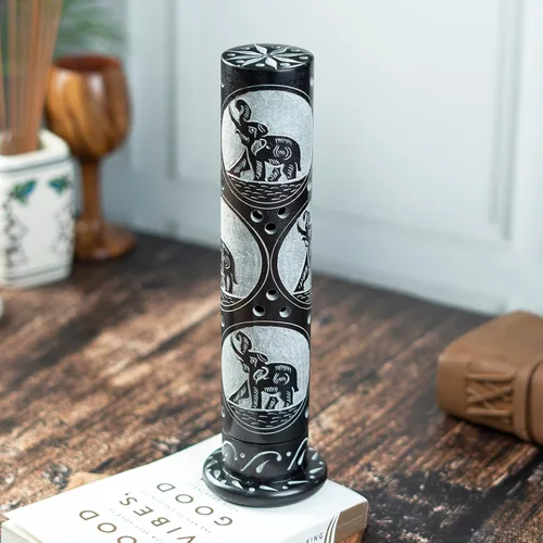 Miniatura 3 de Crocon Quemador de torre de incienso de mármol negro hecho a mano, forma redonda, diseño Jali, quemador de torre de incienso Portavelas de luz