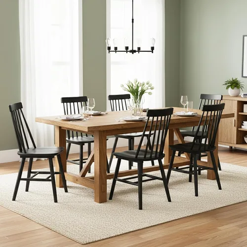 Miniatura 6 de Juego de 2 sillas de comedor negras, sillas de comedor de granja con respaldo de husillo, sillas de comedor sin brazos de madera maciza para cocina