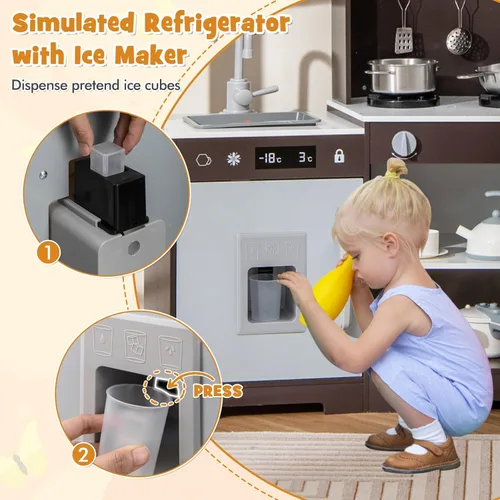 Miniatura 4 de HONEY JOY Juego de cocina esquinera para niños, juego de cocina de juguete de madera con luces y sonidos, campana extractora, máquina de hielo