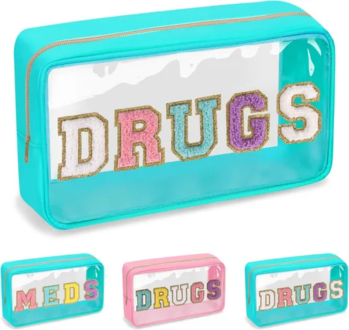 Miniatura 12 de Iqimott Bolsa de parche de felpilla con letras MEDS transparente, bolsa de maquillaje portátil de preparación para mujeres y niñas, viajes, bolsa