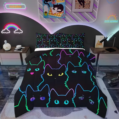 Erosebridal Edredón de Gatos Lindos para Niños con Líneas de Arcoíris Neón, Juego de Ropa de Cama Individual para Niñas, Niños y Adolescentes, Gatos