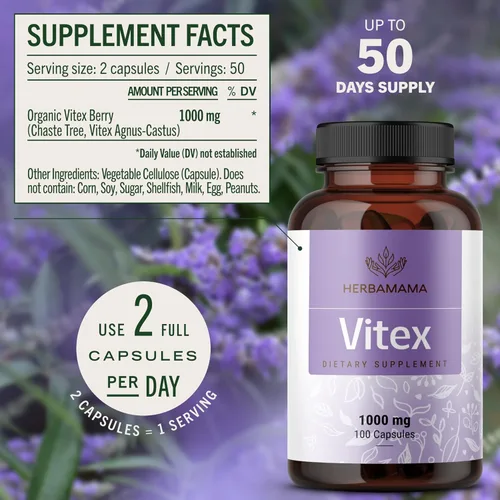 Miniatura 3 de HERBAMAMA Vitex Chasteberry Suplemento para mujeres – Suplementos para la menopausia* para mujeres con Vitex Berry – 1000 mg de baya de árbol casto