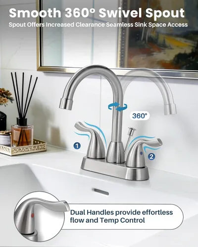 Miniatura 3 de ARCORA Grifo de baño moderno de 2 manijas níquel cepillado, grifo de baño centerset de 4 pulgadas con ensamblaje de drenaje y mangueras