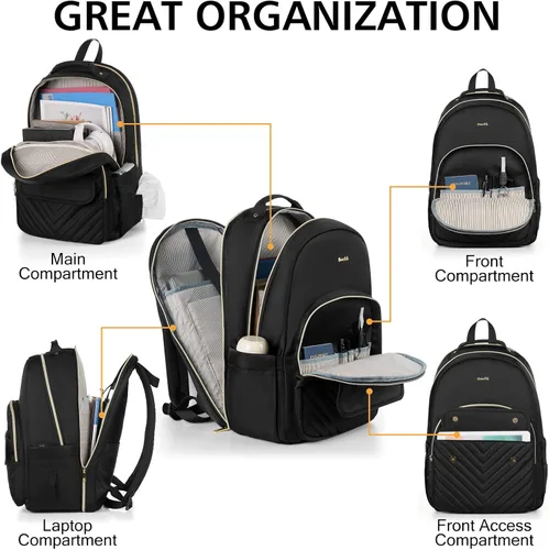 Miniatura 4 de Mochila para laptop para mujer, elegante mochila de trabajo para viajes, mochila de computadora de gran capacidad para 15.6 pulgadas, mochila Negro
