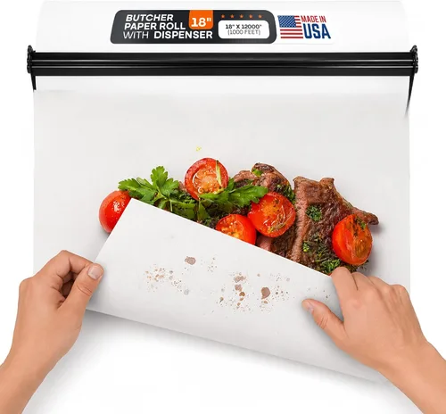White Butcher Paper 18" x 12000" (1000 feet) with Dispenser - USA-Made Natural Butcher Paper Roll for Meat and Fish - Uncoated, Unwaxed & Food-Grade