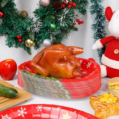 Miniatura 5 de WDF Paquete de 50 platos de papel de Navidad – Platos de papel ovalados de 10 x 12 pulgadas para suministros de fiesta, árboles de Navidad, plato