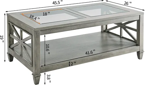 Miniatura 2 de Mesa de centro de madera maciza con tapa de vidrio templado, mesa rectangular para sala de estar con estante de almacenamiento de 2 neumáticos, mesa