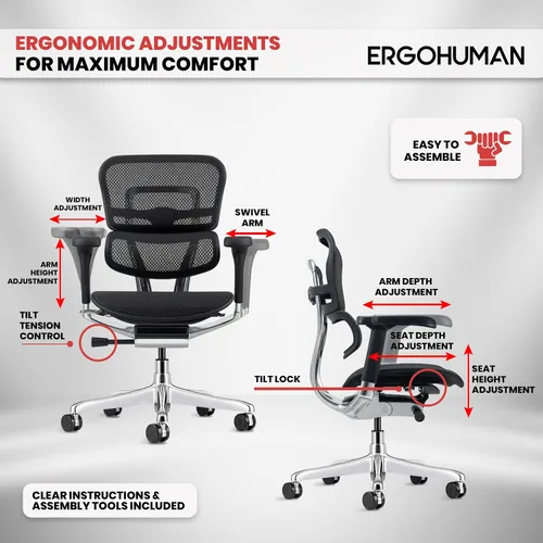 Miniatura 7 de Eurotech Seating Ergohuman Silla giratoria de malla con respaldo medio, color negro