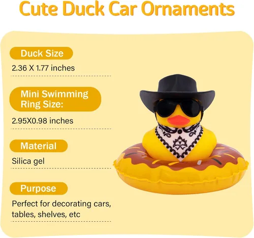 wonuu Decoración de pato de goma para automóvil, accesorios de decoración de tablero de instrumentos de pato vaquero occidental con mini anillo de