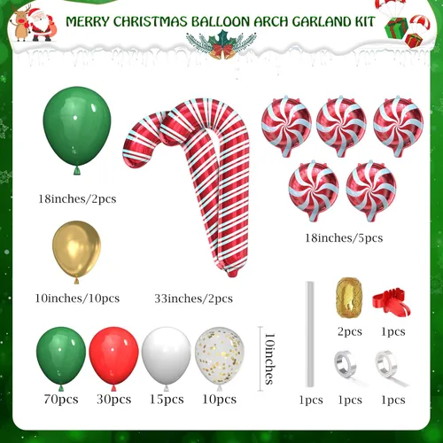 Miniatura 2 de Kit de arco de guirnalda de globos de Navidad, 150 unidades con globos de aluminio de caramelo de Navidad, verde, rojo, blanco, dorado, globos