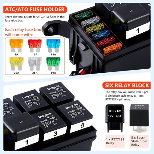 Miniatura 4 de Delgada Caja de relés de 12 V, caja de relé de fusibles, impermeable, 6 ranuras, bloque de relé precableado ATC/ATO, portafusibles de cuchilla