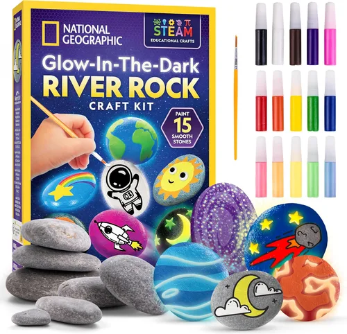 NATIONAL GEOGRAPHIC - Kit de pintura de roca que brilla en la oscuridad, kit de arte y manualidades para niños, decora 15 rocas de río con 15