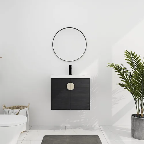 Miniatura 9 de Juego de tocador de baño de 24 pulgadas con lavabo montado en la pared, moderno juego de tocador de baño con lavabo de cerámica blanca y mango