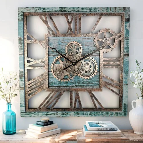 ImprovingLife The Gears Clock - Reloj de pared cuadrado con engranaje móvil real de 24 pulgadas, estilo vintage, industrial, de gran tamaño, estilo