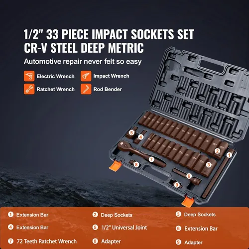 Miniatura 3 de VEVOR Juego de llaves de impacto de 1/2 pulgada, 33 piezas SAE (3/8 a 1 pulgada) y tamaño métrico (10 a 0.945 in), CR-V, juego de llaves profundas