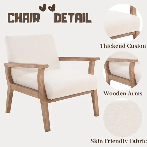 Miniatura 6 de Juego de 2 sillas decorativas beige, sillas modernas de mediados de siglo para sala de estar, dormitorio, sillón con marco de madera, silla auxiliar