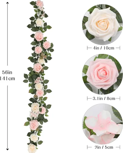 Miniatura 7 de Senseya Guirnalda de flores de rosas artificiales de 5 pies, vid floral falsa rosa rubor con hojas de rosa, guirnalda de flores rústicas para telón