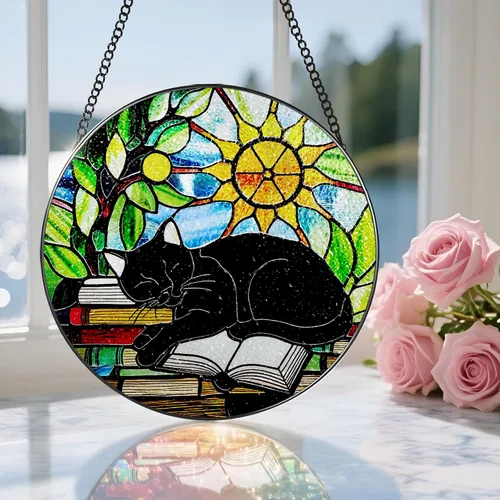 Miniatura 5 de Colgante de Vidriera, Gato Negro de 8 Pulgadas sobre Libro Atrapasol de Vidriera, Decoración Colgante para Ventana, Regalos para Amantes